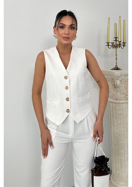 Kadın Alt Üst Takım Şık Gold Düğme Detaylı V Yaka Yelek Pantolon Takım indirimleri