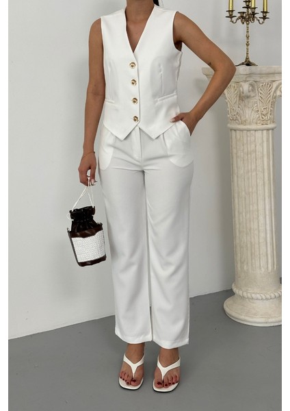 Kadın Alt Üst Takım Şık Gold Düğme Detaylı V Yaka Yelek Pantolon Takım