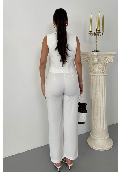 Kadın Alt Üst Takım Şık Gold Düğme Detaylı V Yaka Yelek Pantolon Takım