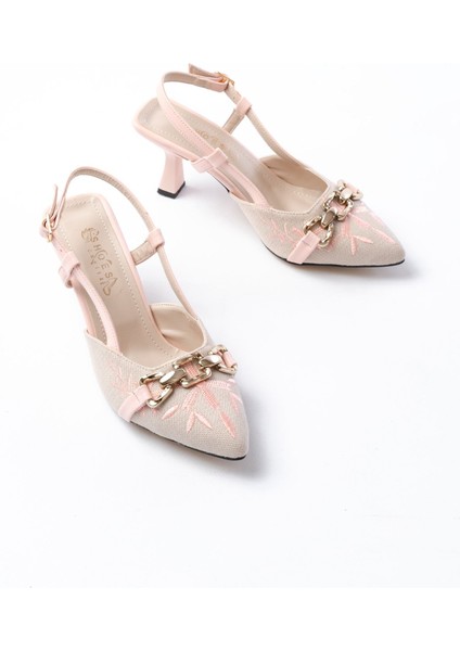 Kadın AYAKKABIK-250 Pudra Keten Günlük Arkası Açık Tokalı Topuklu Kadın Ayakkabı