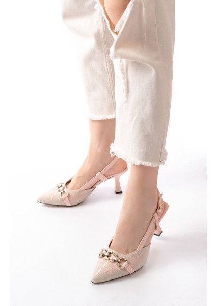 Kadın AYAKKABIK-250 Pudra Keten Günlük Arkası Açık Tokalı Topuklu Kadın Ayakkabı fiyatları