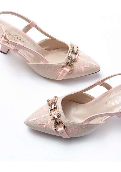 Kadın AYAKKABIK-250 Pudra Keten Günlük Arkası Açık Tokalı Topuklu Kadın Ayakkabı modelleri