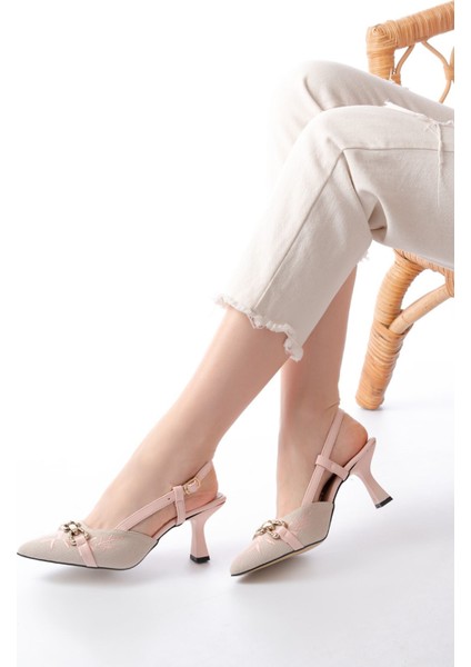 Kadın AYAKKABIK-250 Pudra Keten Günlük Arkası Açık Tokalı Topuklu Kadın Ayakkabı indirimleri