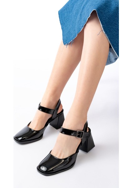 Kadın AYAKKABIİNF-40450 Siyah Rugan Günlük Arkası Açık Topuklu Bayan Ayakkabı