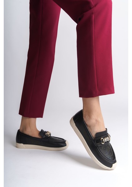 Lıly Bağcıksız Ortopedik Rahat Taban Çiçek Desenli Kadın Babet Ayakkabı Ckt - Siyah