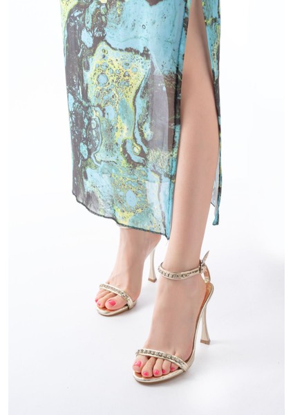 Kadın Ayakkabı A-30 Gold Taş Aksesuarlı Platformlu Topuklu Kadın Terlik fırsatları