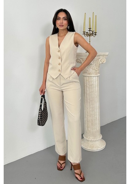 Kadın Alt Üst Takım Şık Gold Düğme Detaylı V Yaka Yelek Pantolon Takım