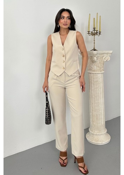 Kadın Alt Üst Takım Şık Gold Düğme Detaylı V Yaka Yelek Pantolon Takım fiyatları