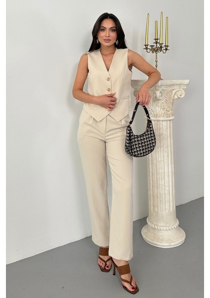 Kadın Alt Üst Takım Şık Gold Düğme Detaylı V Yaka Yelek Pantolon Takım modelleri