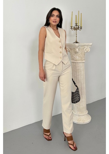 Kadın Alt Üst Takım Şık Gold Düğme Detaylı V Yaka Yelek Pantolon Takım fırsatları