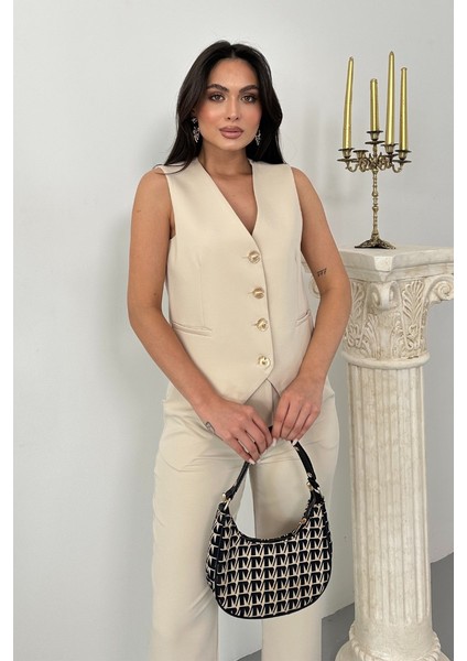 Kadın Alt Üst Takım Şık Gold Düğme Detaylı V Yaka Yelek Pantolon Takım indirimleri