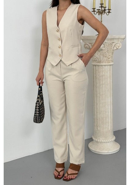 Kadın Alt Üst Takım Şık Gold Düğme Detaylı V Yaka Yelek Pantolon Takım
