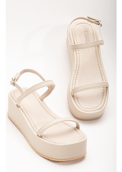 Bayan Sandalet 861-1027 Bej Dolgu Topuk Kadın Sandalet modelleri