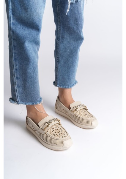 Lıly Bağcıksız Ortopedik Rahat Taban Çiçek Desenli Kadın Babet Ayakkabı Ckt - Krem