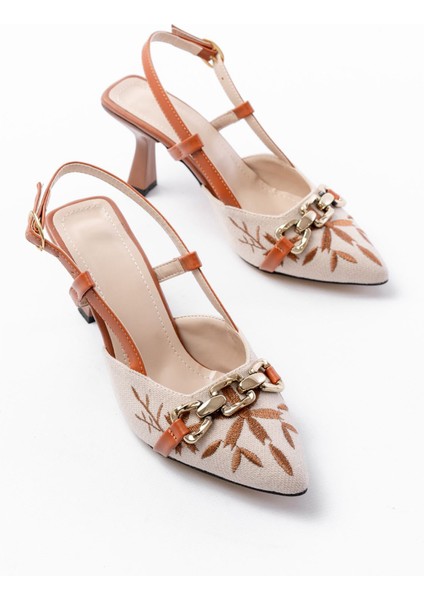 Kadın AYAKKABIK-250 Taba Keten Günlük Arkası Açık Tokalı Topuklu Kadın Ayakkabı modelleri