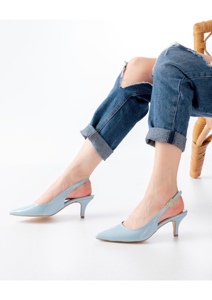 Kadın AYAKKABIS-619 Bebe Mavi Rugan Şeffaf Bantlı Şeffaf Topuklu Yuvarlak Burunlu Kadın Terlik