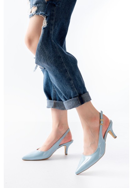 Kadın AYAKKABIS-619 Bebe Mavi Rugan Şeffaf Bantlı Şeffaf Topuklu Yuvarlak Burunlu Kadın Terlik fiyatları