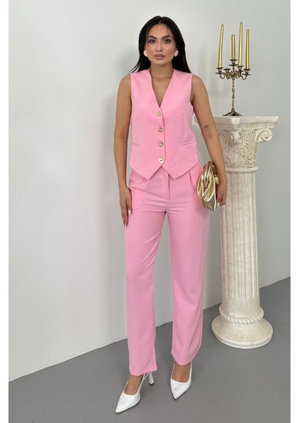 Kadın Alt Üst Takım Şık Gold Düğme Detaylı V Yaka Yelek Pantolon Takım
