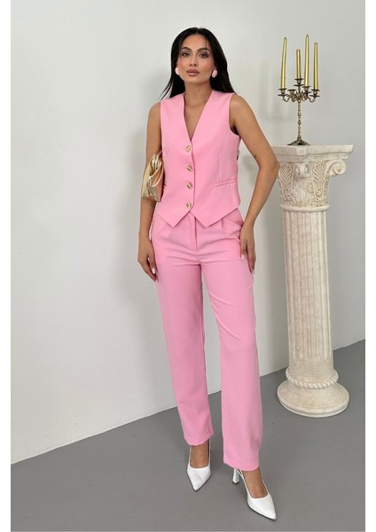 Kadın Alt Üst Takım Şık Gold Düğme Detaylı V Yaka Yelek Pantolon Takım fiyatları