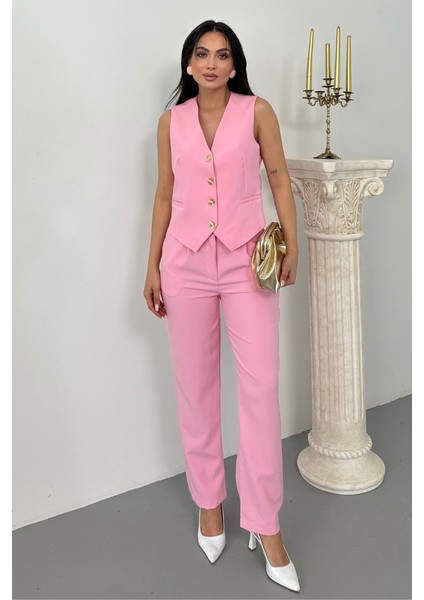 Kadın Alt Üst Takım Şık Gold Düğme Detaylı V Yaka Yelek Pantolon Takım modelleri