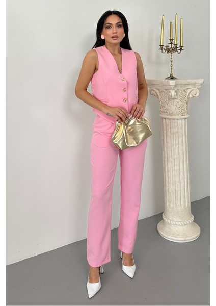 Kadın Alt Üst Takım Şık Gold Düğme Detaylı V Yaka Yelek Pantolon Takım fırsatları
