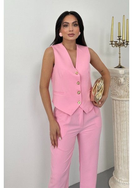 Kadın Alt Üst Takım Şık Gold Düğme Detaylı V Yaka Yelek Pantolon Takım indirimleri