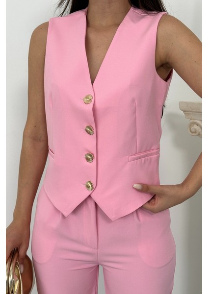 Kadın Alt Üst Takım Şık Gold Düğme Detaylı V Yaka Yelek Pantolon Takım