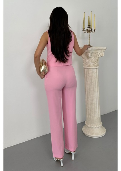 Kadın Alt Üst Takım Şık Gold Düğme Detaylı V Yaka Yelek Pantolon Takım