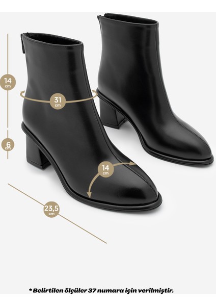Kadın Sivrii Burun Arkadan Fermuarlı Dikiş Detaylı Kalın Topuklu Bot Atirya Siyah