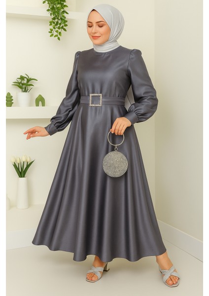 Kadın Giyim Abiye Moda Kemeri Taşlı Uzun Tesettür Saten Abiye Elbise 2753
