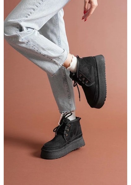 Süet Içi Yünlü Bağcıklı Kalın Taban Kadın Bot