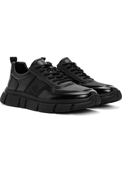 Erkek Siyah Bağcıklı Kalın Tabanlı Deri Casual Sneaker 25WFD694914 modelleri