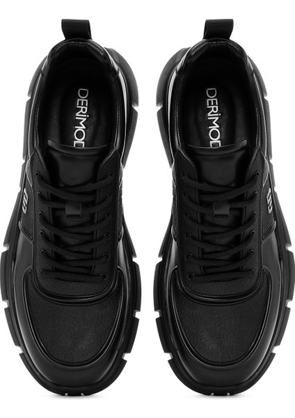 Erkek Siyah Bağcıklı Kalın Tabanlı Deri Casual Sneaker 25WFD694914