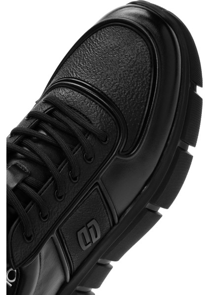 Erkek Siyah Bağcıklı Kalın Tabanlı Deri Casual Sneaker 25WFD694914