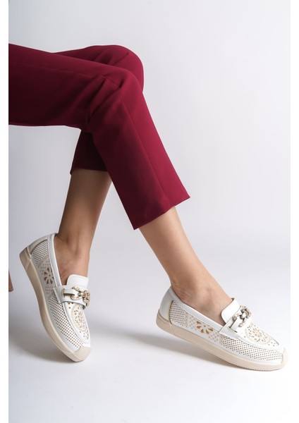 Layla Bağcıksız Ortopedik Rahat Taban Çiçek Desenli Kadın Babet Ayakkabı Ckt - Beyaz modelleri