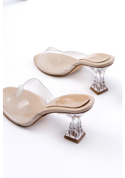 Kadın AYAKKABIS-619 Bej Rugan Şeffaf Bantlı Şeffaf Topuklu Yuvarlak Burunlu Kadın Terlik indirimleri