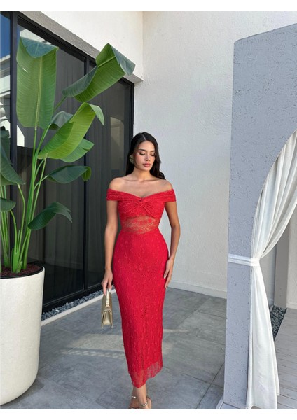 Göğüs Düğümlü Astarlı Dantel Elbise