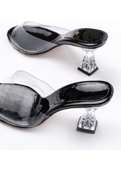 Kadın AYAKKABIS-619 Siyah Rugan Şeffaf Bantlı Şeffaf Topuklu Yuvarlak Burunlu Kadın Terlik indirimleri