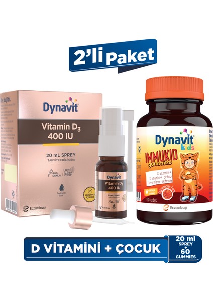 Vitamin D3 400 IU 20 mL Sprey & Kids Immukid Gummies 60 Çiğnenebilir Gummy - Çocuk Bağışıklık Paketi