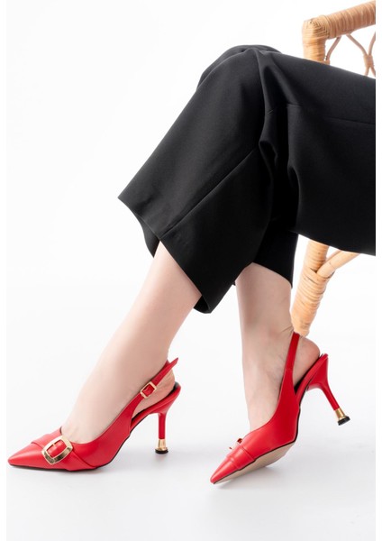 Kadın AYAKKABIİNF-1151 Kırmızı Günlük Arkası Açık Topuklu Bayan Ayakkabı