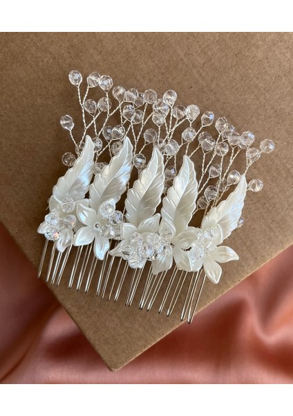 D45 -Ivy & Pearl Kristal Boncuklu Yaprak ve Çiçek Detaylı Gelin Saç Tarağı Nikah Saç Aksesuarı