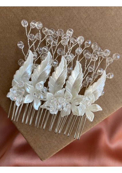 D45 -Ivy & Pearl Kristal Boncuklu Yaprak ve Çiçek Detaylı Gelin Saç Tarağı Nikah Saç Aksesuarı fiyatları
