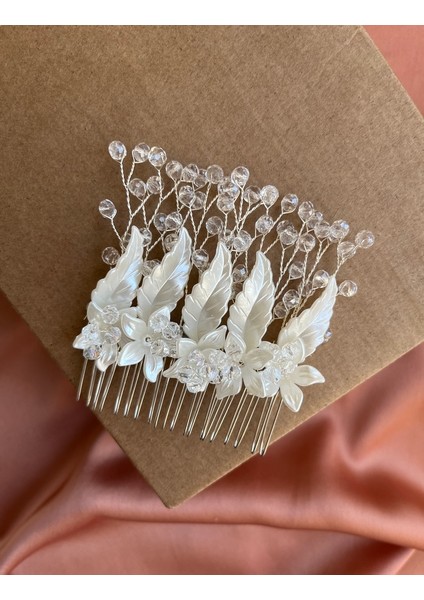D45 -Ivy & Pearl Kristal Boncuklu Yaprak ve Çiçek Detaylı Gelin Saç Tarağı Nikah Saç Aksesuarı modelleri