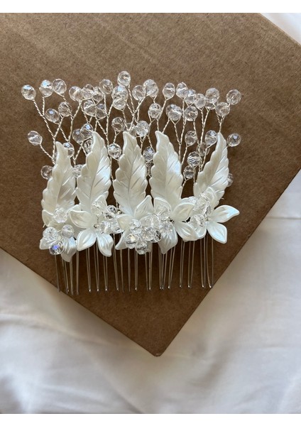 D45 -Ivy & Pearl Kristal Boncuklu Yaprak ve Çiçek Detaylı Gelin Saç Tarağı Nikah Saç Aksesuarı fırsatları