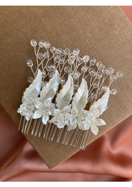 D45 -Ivy & Pearl Kristal Boncuklu Yaprak ve Çiçek Detaylı Gelin Saç Tarağı Nikah Saç Aksesuarı indirimleri