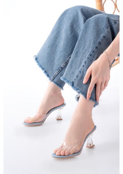 Kadın AYAKKABIS-619 Bebe Mavi Rugan Şeffaf Bantlı Şeffaf Topuklu Yuvarlak Burunlu Kadın Terlik