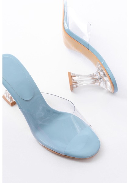 Kadın AYAKKABIS-619 Bebe Mavi Rugan Şeffaf Bantlı Şeffaf Topuklu Yuvarlak Burunlu Kadın Terlik fırsatları