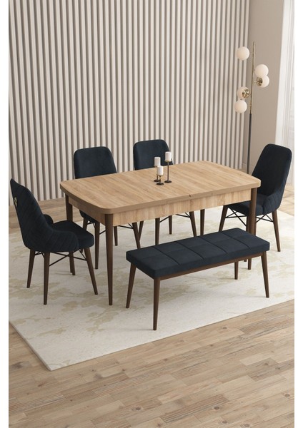 Mazaka Meşe Desen 80X132 Açılabilir Mdf Masa Yemek Odası Takımı, Mutfak Takımı 4 sandalye 1 Bench