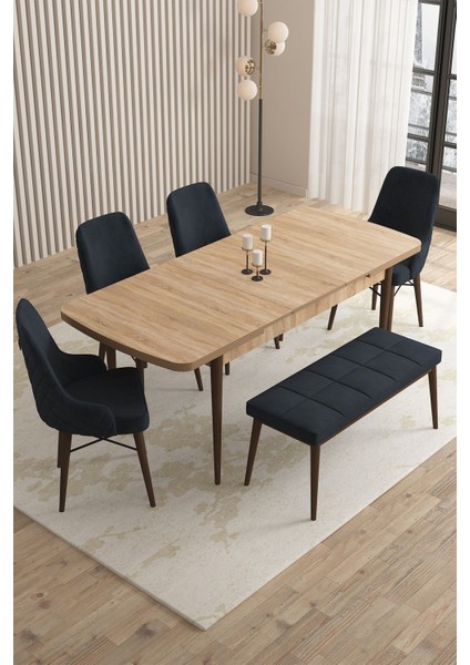 Mazaka Meşe Desen 80X132 Açılabilir Mdf Masa Yemek Odası Takımı, Mutfak Takımı 4 sandalye 1 Bench fiyatları