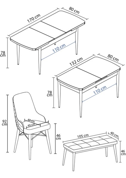 Mazaka Meşe Desen 80X132 Açılabilir Mdf Masa Yemek Odası Takımı, Mutfak Takımı 4 sandalye 1 Bench modelleri